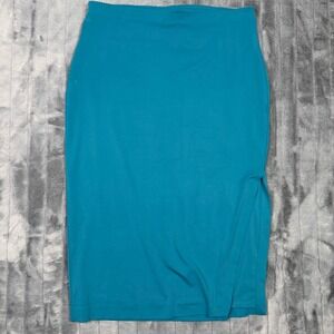 Express Midi Pencil Skirt Womens Large Teal Solid Side Slit Stretch Pull On